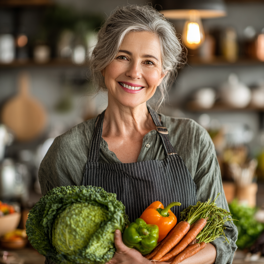 Жінка 55 років готує здорову страву на кухні, усміхається та тримає в руках свіжі овочі