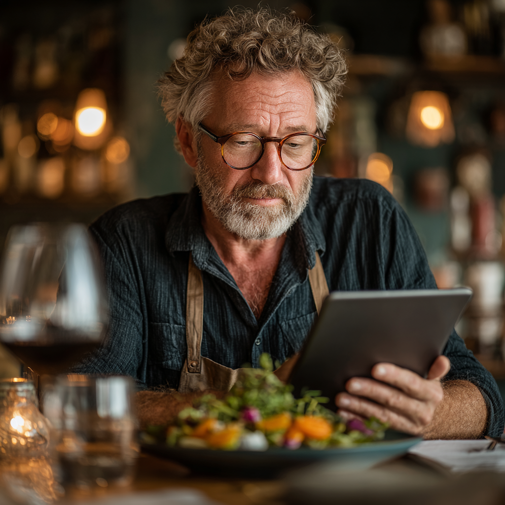 Чоловік 58 років за столом з планшетом переглядає меню на день, поруч тарілка зі здоровою їжею