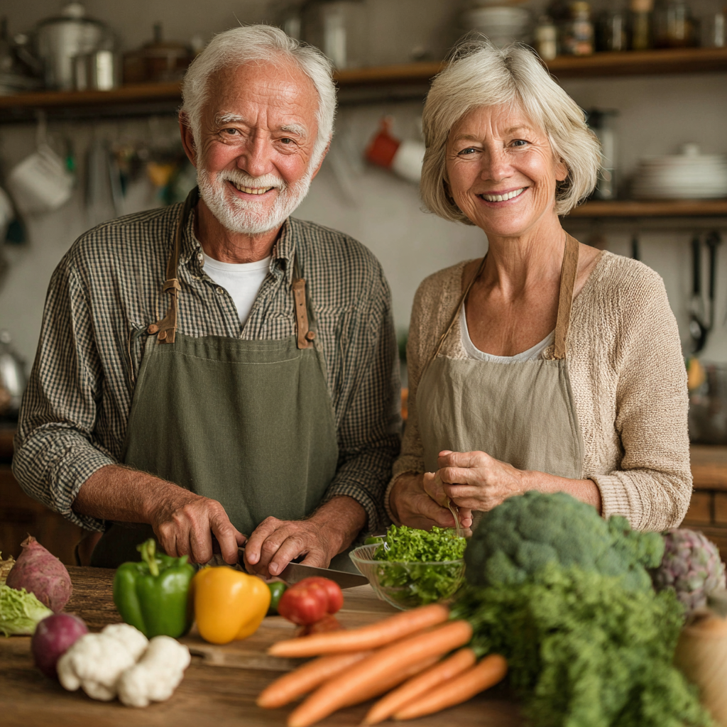 Пара у віці 60 років готують разом здоровий обід, усміхаються та тримають свіжі продукти